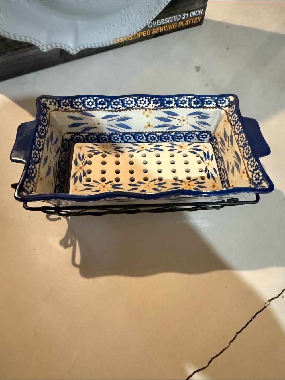 Temptations Blue and White Floral Ceramic Baker with Drip Tray